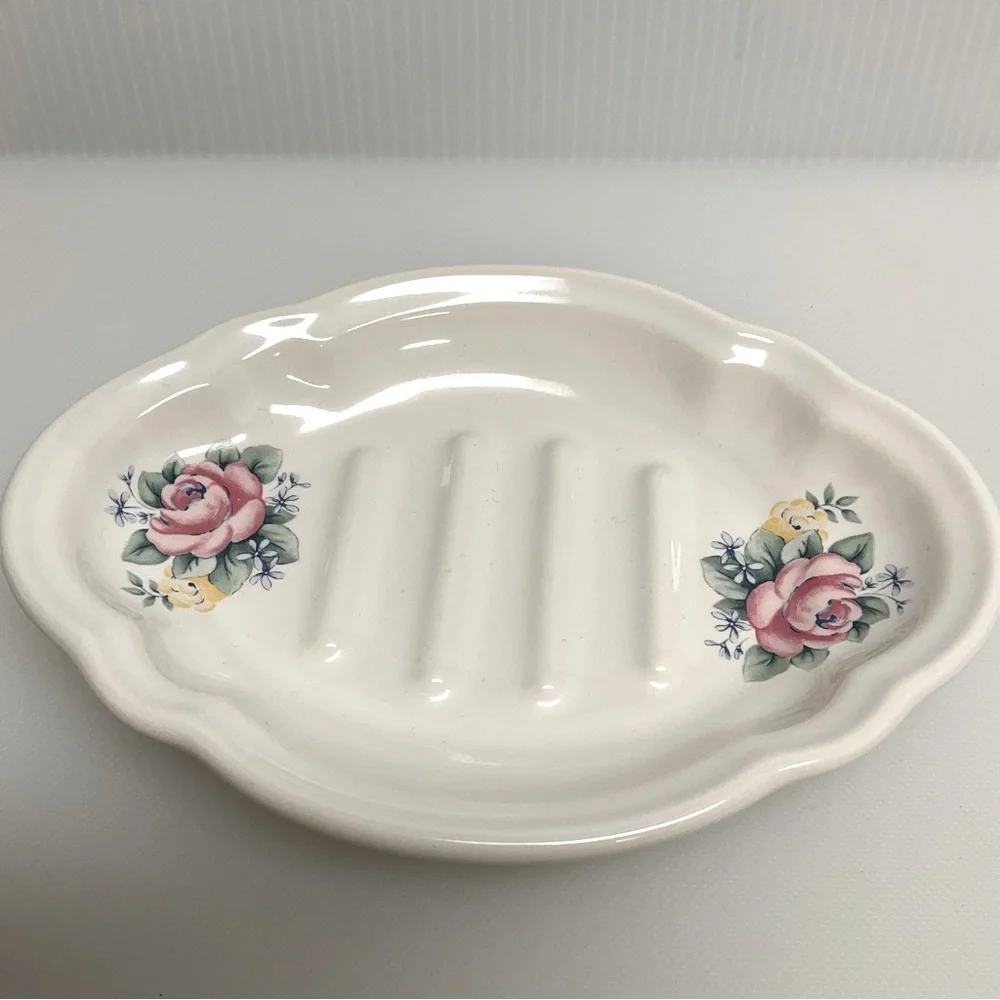 vtg PFALTZGRAFF Tea Rose Soap Dish Porcelain Roses Ridges 1989 Off White Pink